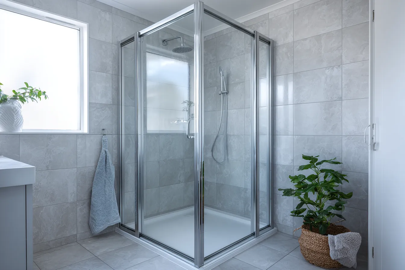 Silver-framed corner shower screen in a bright tiled Sydney bathroom.