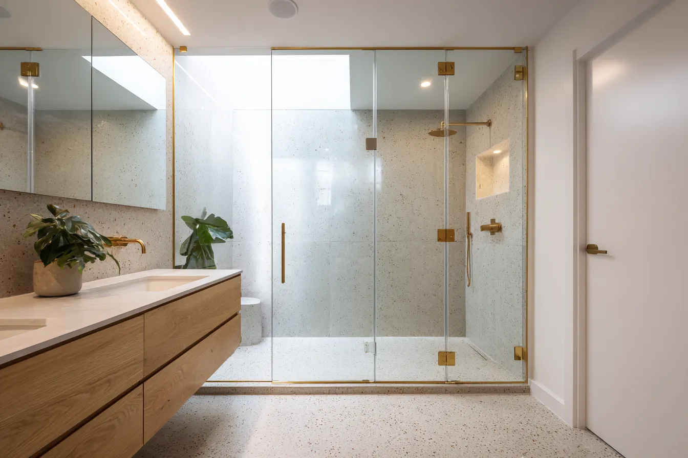 Frameless glass shower screen with brushed-brass hardware beside a timber vanity in a Sydney bathroom.