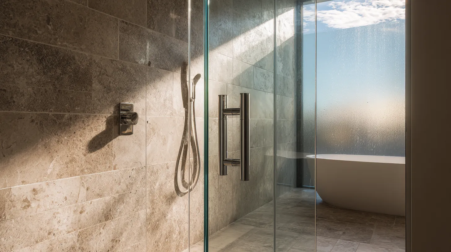 Frameless glass shower screen in a Sydney bathroom finished with travertine stone tiling.