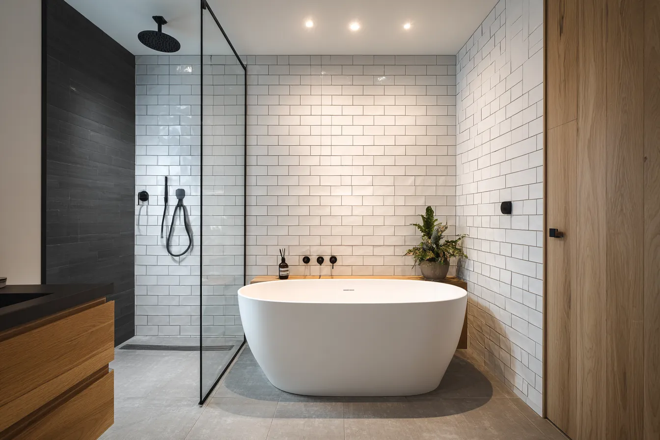 Over-bath shower screen in a renovated Ryde Sydney family bathroom.