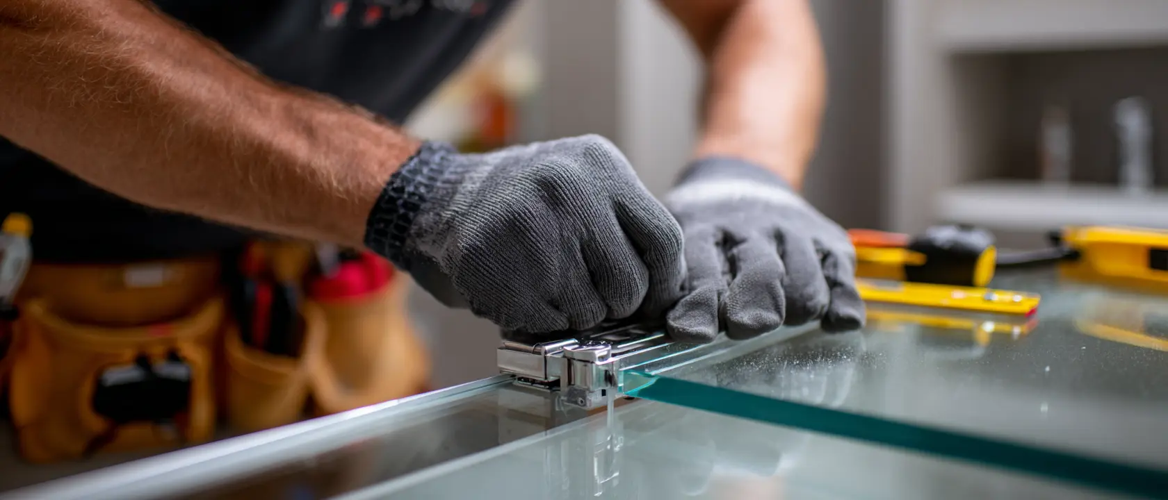 Installer in work gloves trimming the edge of a shower screen glass panel.